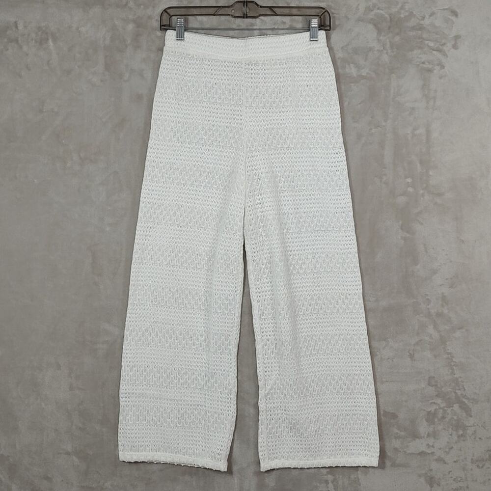 Catherine Malandrino White Open Knit Crochet Wide Leg Pants Pull-on Size 12 EUC